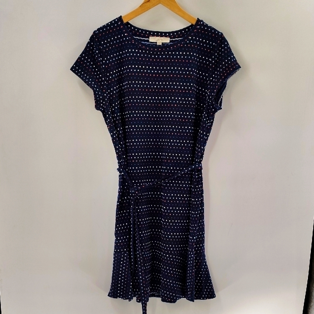 LOFT Pullover Dress Size XL Red White And Blue Swiss Dot With Belt Ruffle Hem